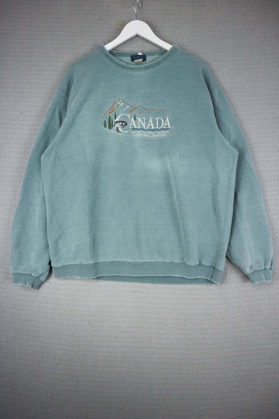 Non-Fiction Vintage Canada Embroidered Graphic Crewneck Sweatshirt Teal Green XL